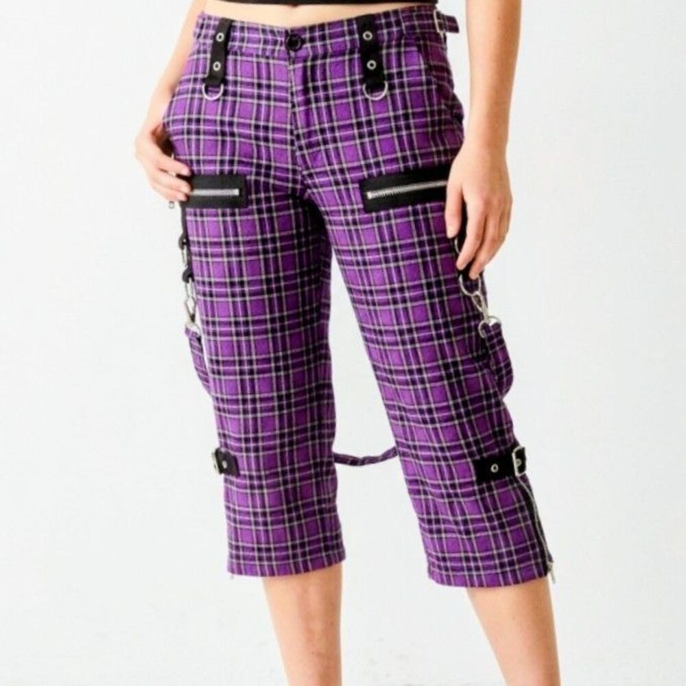 TRIPP NYC Pants Short Purple Plaid Y2K Skulls Pockets Teen Junior Unisex Size 13
